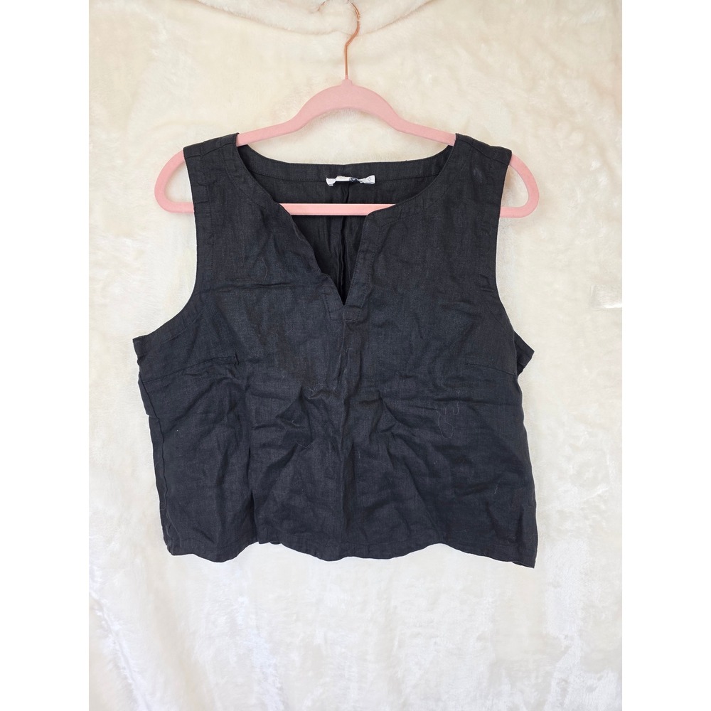 Chicos Black 100% Linen Sleeveless Split V-Neck Top Size 2 US 12